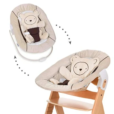 Abbildung von hauck 2in1 Babywippe &amp; Neugeborenenaufsatz für Alpha+ Beta+ Holzhochstuhl Alpha Bouncer 2in1, Babys ab Geburt bis 9 kg, mit 3 Punkt Hüftgurt, Teddy Einlage und Wippgestell (Hearts Beige)