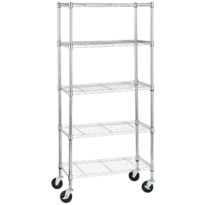 Abbildung von Amazon Basics Lagereinheit mit 5 Regalböden, mittelgroß auf 10,2 cm großen Rollen höhenverstellbaren Einlegeböden und Nivellierfüßen, max.680 kg Gewicht, Chrom, 35.6 x 76.2 164.5 (T B H)