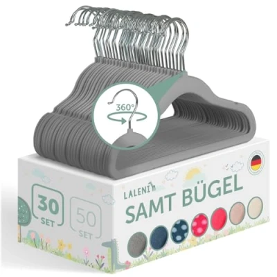 Abbildung von Laleni Kinderkleiderbügel 30 Stück + Samtbezug platzsparende Kleiderbügel Kinder 360 drehbare rutschfeste samt grau/Babykleiderbügel Kinderbügel Grau