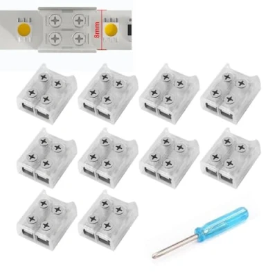 Abbildung von YUTOKEER 10 Stück LED Streifen Verbinder, 2 polig 8mm Lötfrei für 5050 3528 Einfarbige SMD und COB Streifen, Schnelle Einfache Verbindung, Inklusive Schraubendreher, Transparentes Design