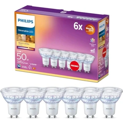 Abbildung von Philips LED Classic GU10 Lampen Warm Glow 6 er Pack (50 W), dimmbare Reflektor Spots mit warmweißem Licht, energiesparende langer Nutzlebensdauer, Warmglow Dimmbar