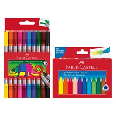 Abbildung von FABER CASTELL 205032 School Set mit 12er Etui Wachsmalstifte und 10er Doppelfasermaler