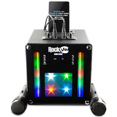 Abbildung von RockJam Singcube 5 Watt Bluetooth Karaoke Maschine mit zwei Mikrofonen, Stimmwechseleffekten und LED Leuchten, Schwarz