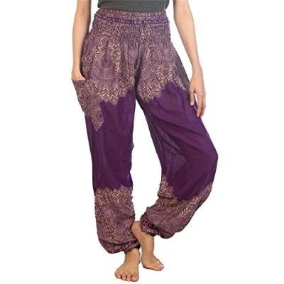 Abbildung von Lofbaz Haremshose Damen Boho Yogahose Pumphose Hippie Hose Kleidung Festival Outfit Sommerhose Leicht Sommer Hosen Floral Violett 4XL Große Größen