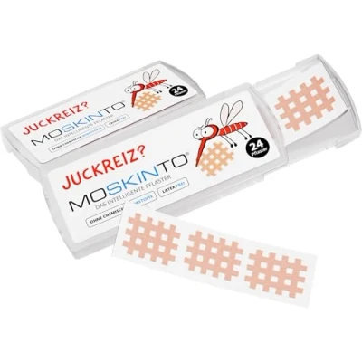 Abbildung von Moskinto 24 Mückenpflaster, Mückenstich, Mücken, Alternative zum Hitzestift, für Kinder und Erwachsene, Stechmücken, Stichheiler, Juckreiz, Schiebebox