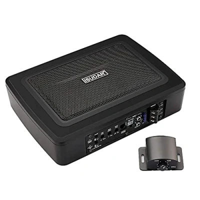 Abbildung von ISUDAR 9 Zoll schlanker Max 600W Subwoofer Aktiv Powered Untersitz Auto Audio eingebautem Verstärker für Auto/LKW mit Fernbedienung niedrigen und hohen Eingangspegeln, Schwarz