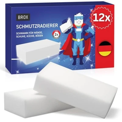 Abbildung von BROX® Schmutzradierer 12x Schwamm Radierschwamm für weiße Wände, Schuhe und Böden Robuster Zauberschwamm Magic Eraser alle Arten von Flecken (12 Stück, XXL)