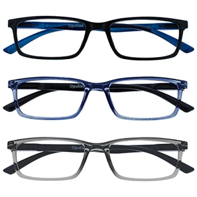 Abbildung von OPULIZE See Brille Blaulichtfilter 3er Pack Schmal Rahmen Federscharniere Verbessern Den Schlaf Computerbrille Gaming Entspiegelt Schwarz Transparenter Blau Grau Herren Damen BBB9 137 +0.00