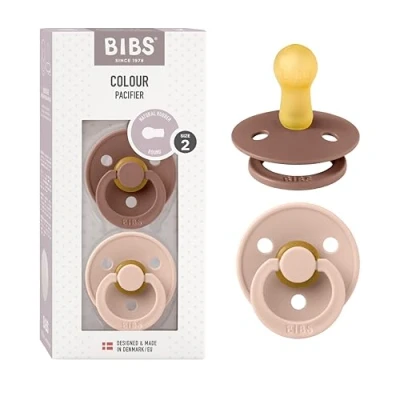 Abbildung von BIBS Colour Schnuller 2er Pack, BPA frei, Kirschform Nippel. Naturkautschuk/Latex, Hergestellt in Dänemark. Größe 2 6+ Monate Woodchuck/Blush