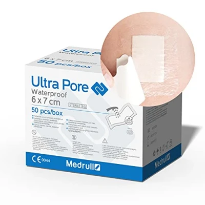 Abbildung von Medrull 100% Wasserfestes Wundpflaster 6 x 7 cm Pflaster Steril, Transparent, Starker Halt Schützt bei Schnittwunden &amp; Kratzer Ideal zum Duschen, Sport, Baden 50 Stück
