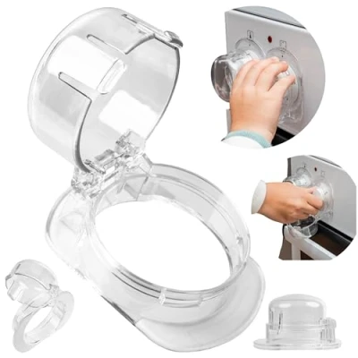 Abbildung von Herdknöpfe Kindersicherung, 2 Pack, in Transparent, für große Bedienknöpfe mit max. Ø 52 x 45 mm, min. 63 mm Knopf Abstand, Herd Bedienfeld Babysicherung, Herdschutz Drehknopf, Kinder Sicherung Taste