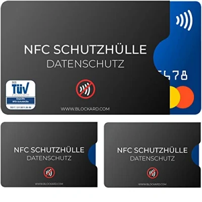 Abbildung von BLOCKARD TÜV geprüfte NFC Schutzhülle (3 Stück) aus Kunststoff für Kreditkarte Personalausweis EC Karte Bankkarte 100% Schutz Kreditkarten Hülle RFID Blocker abgeschirmt