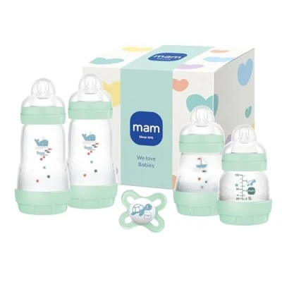Abbildung von MAM Easy Start Anti Colic Neugeborenen Set 0+ Mon Babyflaschen Geschenk 94% Akzeptanz 96% Hebammen Empfehlung 80% weniger Koliken 4 Trinkflaschen &amp; 1 Original Schnuller mint