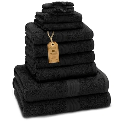 Abbildung von GREEN MARK Textilien 10 TLG. FROTTIER Handtuch Set mit verschiedenen Größen 4X Handtücher, 2X Duschtücher, Gästetücher, Waschhandschuhe Farbe: Schwarz Premium Qualität