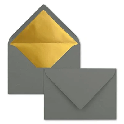 Abbildung von Kuverts in Anthrazit 25 Stück Brief Umschläge DIN C6 114 x 162 mm 11,4 16,2 cm Naßklebung matte Oberfläche &amp; Gold Metallic Fütterung ohne Fenster für Einladungen