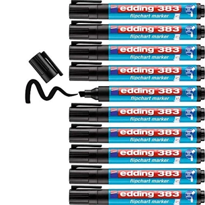Abbildung von edding 383 Flipchart Marker schwarz 10 Stifte Keilspitze 1 5 mm Stift zum Schreiben, Zeichnen und Markieren auf Flipcharts Tinte schlägt nicht durch Papier trocknet aus farbintensiv