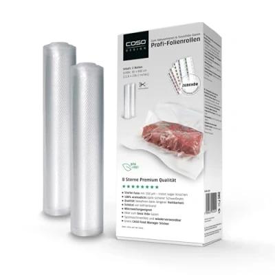 Abbildung von CASO Profi Folienrollen 30x600 cm/2 Rollen, für alle Vakuumierer, BPA frei, sehr stark &amp; reißfest ca.150µm, aromadicht, kochfest, Sous Vide, wiederverwendbar, inkl. Food Manager Sticker, Transparent