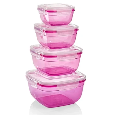 Abbildung von Grizzly 4er Set Frischhaltedosen (0,5L, 0,9L, 1,5L, 2,4L), quadratisch, Kunststoff, 100% luft /wasserdicht, mikrowellengeeignete Vorratsdosen, Berry