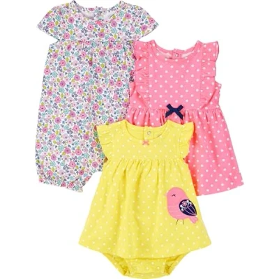 Abbildung von Simple Joys by Carter&#039;s Baby Mädchen 3 Pack Romper, Sunsuit Dress Infant and Toddler Rompers, Gelb Vogel/Rosa Punkte/Weiß Floral, 24 Monate (3er Pack)