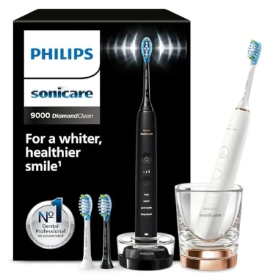 Abbildung von Philips Sonicare DiamondClean 9000 elektrische Zahnbürste, Doppelpack,Zahnbürste mit Schalltechnologie inklusive App, Drucksensor,4 Putzmodi,3 Intensitätsstufen, schwarz und roségold, Modell HX9914/61