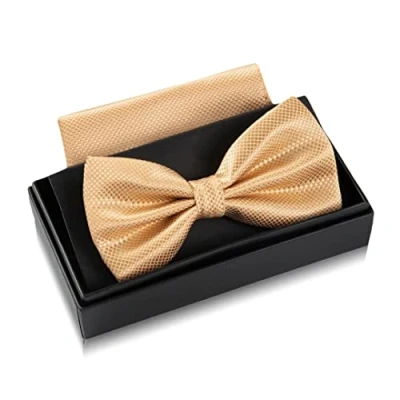 Abbildung von Massi Morino Fliege Beige mit Einstecktuch für Herren Set Anzug Herrenfliege zur Hochzeit Verstellbare Schleife in Champagner Farbe