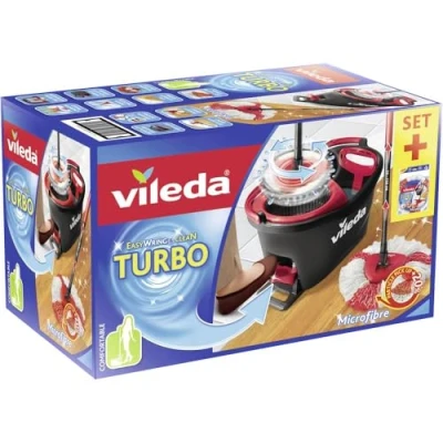 Abbildung von Vileda Turbo Wischmopp Komplett Set mit extra 2in1 Moppkopf, Bodenwischer Teleskopstiel, 2 Mikrofaser Moppköpfe Kraftfasern und Eimer Powerschleuder, schnell reinigungsstark