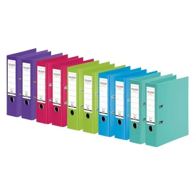 Abbildung von Original Falken 10er Pack Chromocolor Premium Ordner. Made in Germany. Kunststoffbezug außen und innen 8 cm breit DIN A4 farbig sortiert zu je 2x mint, hellblau, lindgrün, pink, violett