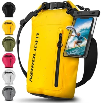 Abbildung von Nordlight Dry Bag wasserdichte Tasche mit Handyhülle + Roll Top, Schultergurt Drybag wasserfester Rucksack Beutel Packsack Seesack Wassersack Wetbag Baden Schwimmen Strand SUP Gelb, 30 Liter