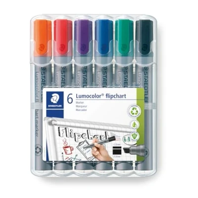 Abbildung von STAEDTLER Flipchart Marker Lumocolor, Keilspitze ca. 2,0 5,0 mm Linienbreite, lange Lebensdauer, nachfüllbar, geruchsarm, hohe Qualität Made in Germany, Set mit 6 Farben, 356 B WP6, 1 Stück