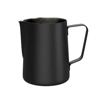 Abbildung von bonVIVO Milchkännchen (Edelstahl Klein Schwarz) 330ml Milchkanne für Kaffee, Cappuccino, Espresso mit praktischer Skala Edles Milchschaumkännchen, Kännchen Barista Zubehör