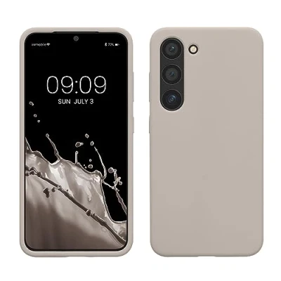 Abbildung von kwmobile Hülle kompatibel mit Samsung Galaxy S23 dünnes Silikon Handy Case stoßfeste Handyhülle weiche Oberfläche Kabelloses Laden Beige matt