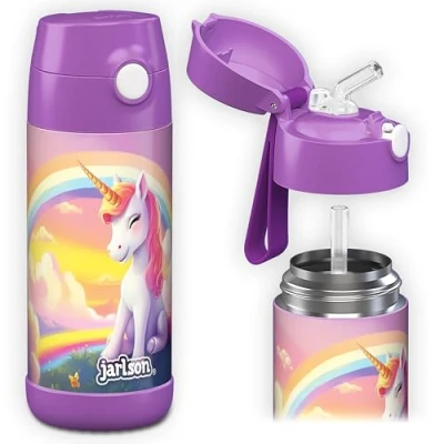 Abbildung von Jarlson® Trinkflasche Kinder Edelstahl CHARLI mit Strohhalm Thermosflasche 350ml TÜV geprüft BPA frei auslaufsicher Thermo Wasserflasche für Schule, Kindergarten Einhorn 2.0, 350 ml
