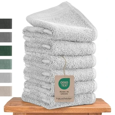 Abbildung von Hausfelder Premium Gästehandtücher Set mit Aufhängschlaufen 100% Baumwolle Oeko TEX Zertifiziert, Handtücher klein, weich, saugstark (Hellgrau, 6 kleine 50x30cm)