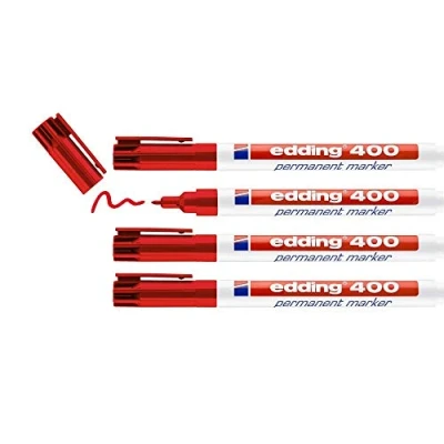 Abbildung von edding 400 Permanentmarker rot 4 Stifte feine Rundspitze 1 mm wasserfest, schnell trocknend wischfest für Karton, Kunststoff, Holz, Metall, Glas