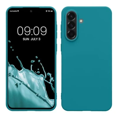 Abbildung von kwmobile Hülle kompatibel mit Samsung Galaxy A56 5G weiches TPU Silikon Case Cover geeignet für kabelloses Laden Petrol matt