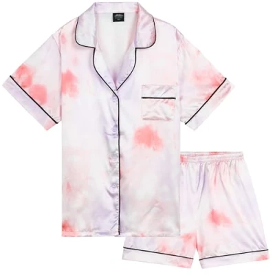 Abbildung von CityComfort Schlafanzug Mädchen Kurz Satin Pyjama Kinder Teenager Weiche Atmungsaktive Sommer Kurzarm Schlafanzüge Loungewear Set (13 14 Jahre, Mehrfarbig Batik)