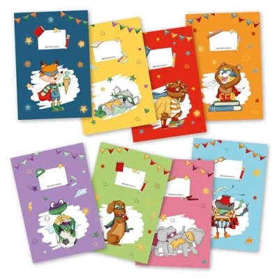 Abbildung von Papierdrachen 8 hochwertige Heftumschläge aus Papier für Kinder A4 Motiv Superhelden Tiere Heftschoner ideal die Schule Heftumschlag 250g/m² Set Nummer 15