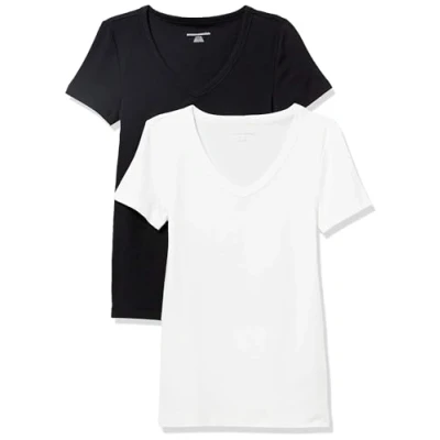 Abbildung von Amazon Essentials Damen Kurzärmeliges T Shirt mit V Ausschnitt, Schmale Passform, 2er Pack, Schwarz/Weiß, M