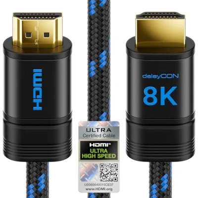Abbildung von deleyCON 1m 8K HDMI 2.1 Kabel (48G, ULTRA Highspeed) 8K@60Hz 4K@120Hz 2K@144Hz/165Hz EARC HDCP 2.3/2.2 Kompatibel mit DTS:X Dynamisches HDR Dolby Atmos TV PS5 Xbox Soundbar Monitor