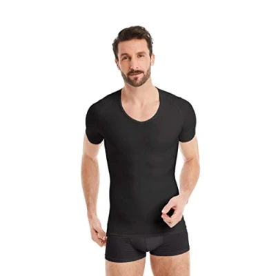 Abbildung von FINN Figurformendes Kompressions Shirt Herren mit Bauchweg Effekt Kurzarm Shapewear Unterhemd aus Baumwolle Body Shaper für einen flacheren Bauch Schwarz XL