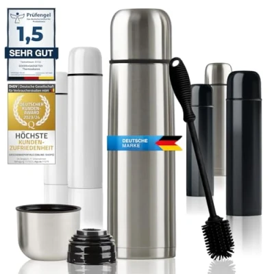 Abbildung von Edelstahl Thermosflasche mit Becher &amp; Bürste; Thermoskanne Doppelwandige Isolierkanne; Auslaufsicher, Spülmaschinenfest BPA frei + Reinigungsbürste; hält Getränke heiß kalt (Silber 500 ml)