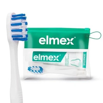 Abbildung von Elmex Mini Zahnpasta für Reisen, Zahnbürste empfindliche Zähne, Reise Set Schutz und Stärkung des Zahnschmelzes kompaktes Reiseformat 12 ml