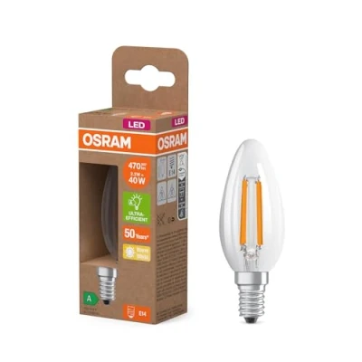 Abbildung von Osram LED Superstar Classic Lampe B 40 in klassischer Minikerzenform, klarer Glaskörper, 2.2 W, 470 lm, E14 Fassung, 2700 K für warmweißes Licht, EEK A, 35 mm Durchmesser.