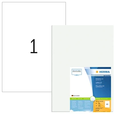 Abbildung von HERMA 8692 Universal Etiketten, 100 Blatt, 297 x 420 mm, 1 pro A3 Bogen, Stück, selbstklebend, bedruckbar, matt, blanko Papier Klebeetiketten Aufkleber, weiß