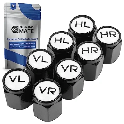 Abbildung von Ventilkappen aus Hartplastik, 8 Stück, in Schwarz, mit Beschriftung für Deutschland, Auto bzw. Schrader Ventile, Reifenmarkierer PKW, Radmerker Ventil Kappen Dichtung, Reifenwechsel Valve Caps