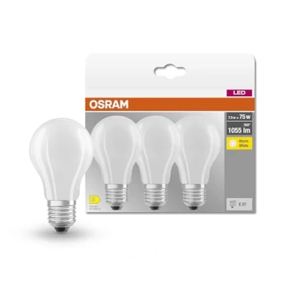 Abbildung von OSRAM LED Lampe, Sockel: E27, Warm weiß, 2700 K, 7,50 W, Ersatz für 75 W Glühbirne, matt, BASE CLASSIC A, 3er Pack