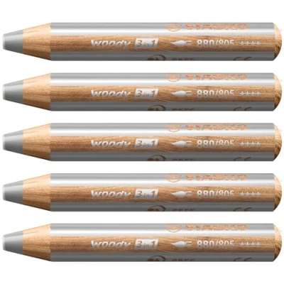 Abbildung von Buntstift, Wasserfarbe &amp; Wachsmalkreide STABILO woody 3 in 1 5er Pack silber