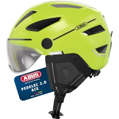 Abbildung von ABUS Stadthelm Pedelec 2.0 ACE Fahrradhelm mit Rücklicht, Visier, Regenhaube, Ohrenschutz für Damen und Herren Gelb Glänzend, Größe M​