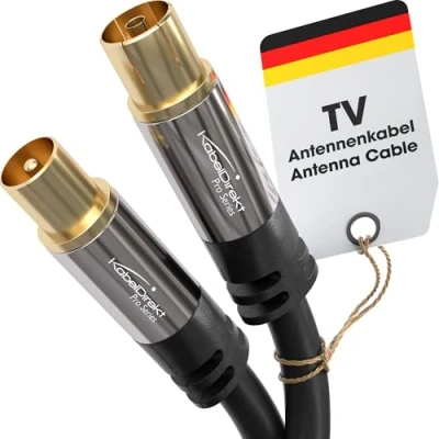 Abbildung von KabelDirekt Antennenkabel, Koaxialkabel, TV Kabel Fernsehkabel mit bruchfestem Metallstecker für digitales &amp; analoges Fernsehen 2 m (Antennenstecker auf Buchse DVB C, T, S)