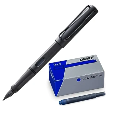 Abbildung von Lamy Set aus 1x safari Füllhalter in umbra Feder Mittel und T10 3er Tintenpatronen original Umkarton Tintenfarbe blau